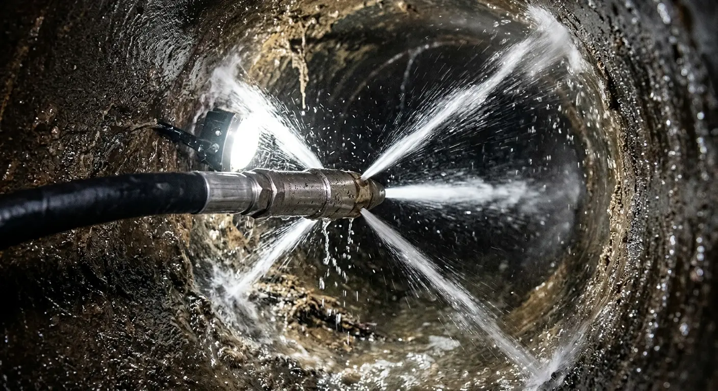 High-pressure hydro jetting nozzle cleaning sewer pipe for Trenchless Sewer Repair in Belvedere Park