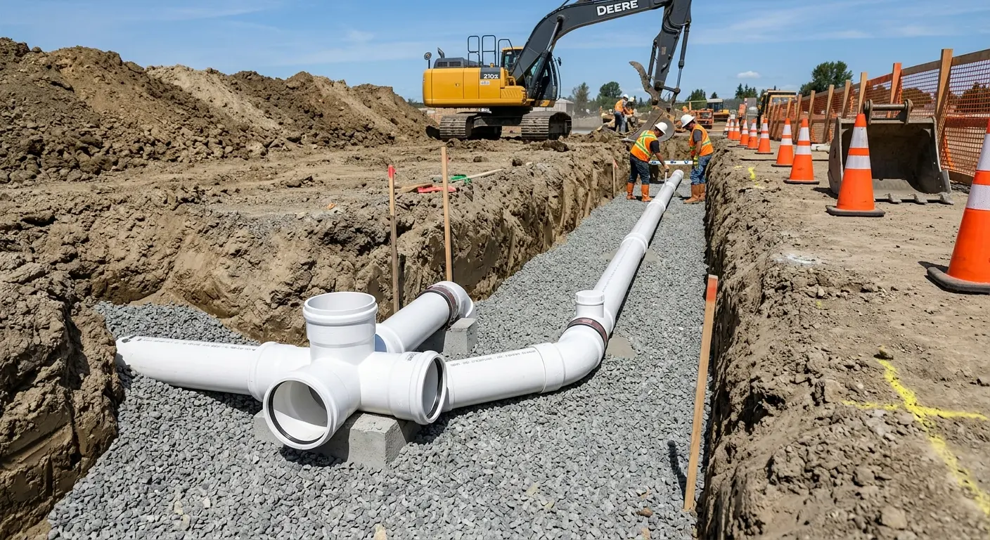New PVC sewer pipe installation in open trench for Sewer Backup in Belvedere Park